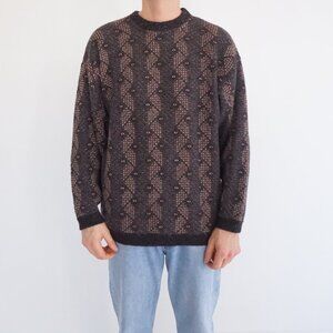 Vintage Pierre Cardin Brown Diamond Knit Textured Crewneck Sweater Wool Blend L